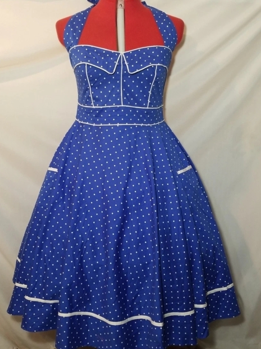 Retro Blue Polka Dot Halter Midi Dress with White Trim